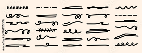 Line marker set, hand drawn accentuation brush stroke accents. Doodle style underline divider separator handwritten collection wavy curly various strips art lines. Isolated. Vector illustration