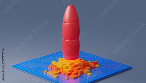 A stylized red rocket poised for launch atop a digital circuit board.