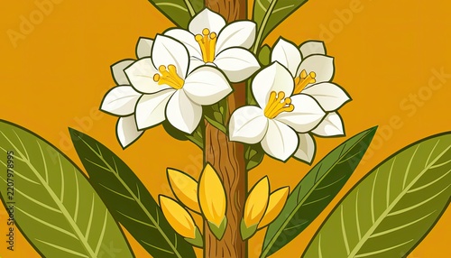 A stylized illustration of blooming white flowers and yellow buds on a brown stem against an orange background.