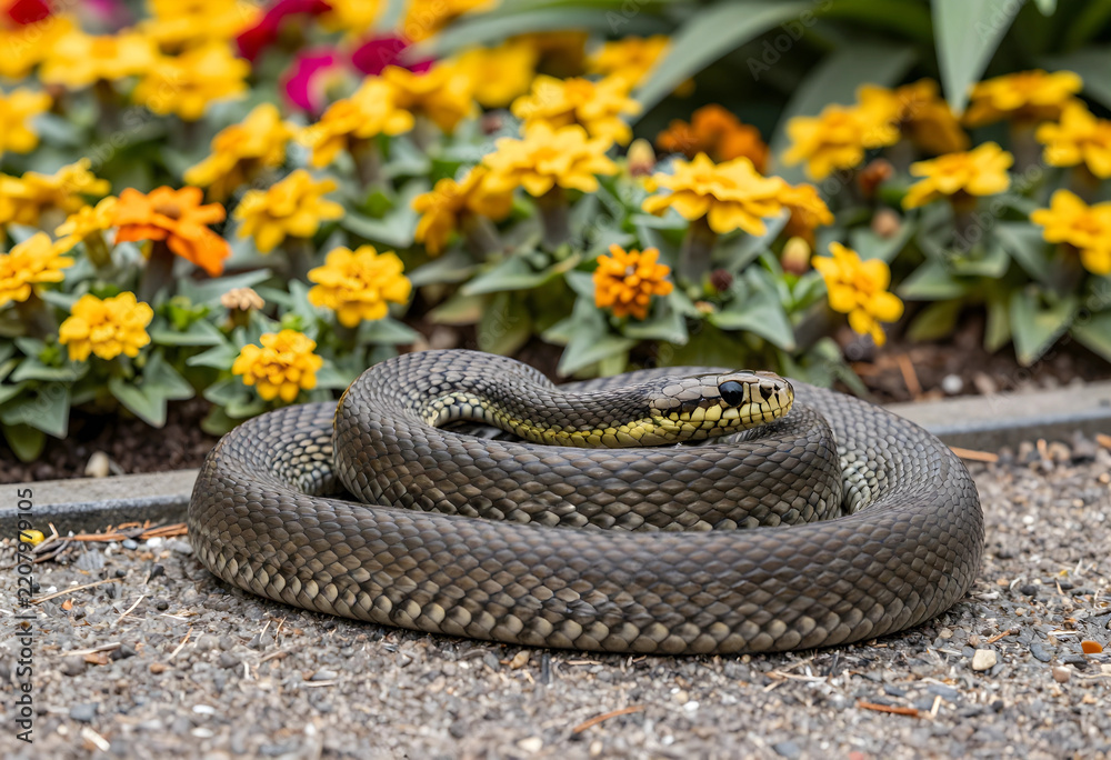 Fototapeta premium Wildlife conservation and biodiversity, garter snake coiled in a garden with yellow flowers, nature photography and environmental awareness in spring