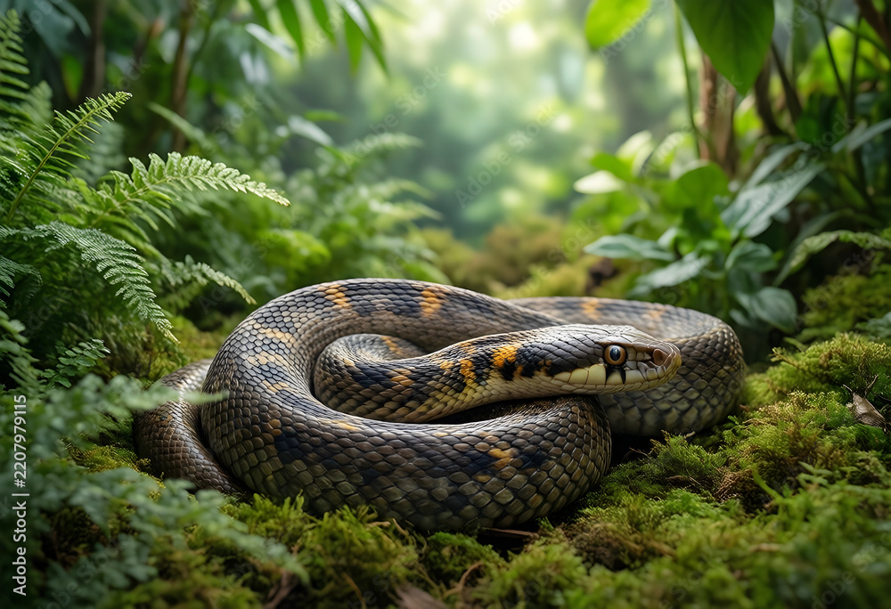 Obraz premium Wildlife conservation and biodiversity, coiled snake resting in a lush tropical rainforest environment with ferns and mossy ground in natural habitat