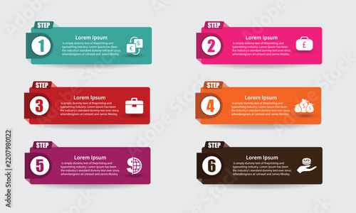 Timeline with 6 steps, labels, and marketing icons. Business infographic template. Vector illustration.