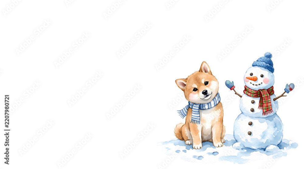 Obraz premium Watercolor cute Japanese Shiba Inu dog looking at snowman on white copy space