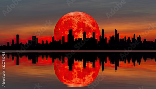 A dramatic blood moon looms over a silhouetted cityscape reflected in calm water.