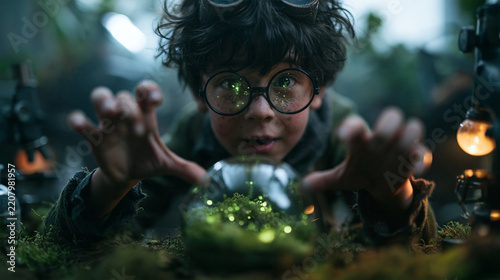 Curious Boy with Glasses Examining Glowing Magic Terrarium