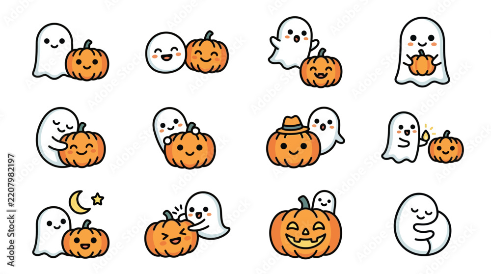 Fototapeta premium Minimalist Halloween Themed Ghosts and Jack O Lanterns Cartoon Illustrations Featuring Playful Characters and Pumpkins