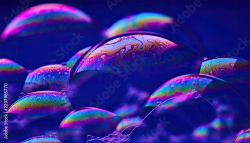 Macro photograph of iridescent soap bubbles displaying vibrant rainbow colors against a deep blue background.