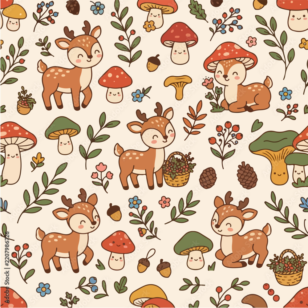 Obraz premium Woodland deer and autumn mushroom seamless pattern.