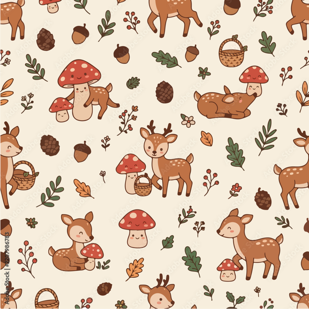 Obraz premium Cute deer and mushrooms seamless pattern forest nature backdrop.