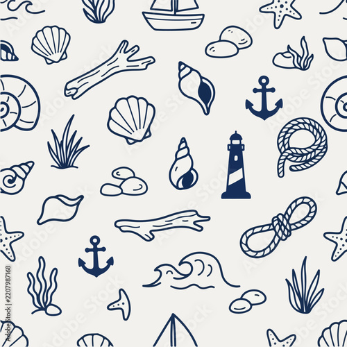 Sea shells driftwood and anchor line art seamless pattern.