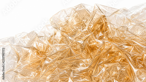 Crinkled gold plastic foil texture with crumpled folds and shiny reflective generated using ai