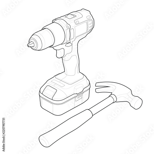 Technical line art of a cordless power drill and claw hammer. Professional manual and power tools designed for construction, carpentry, and home improvement equipment diagrams.