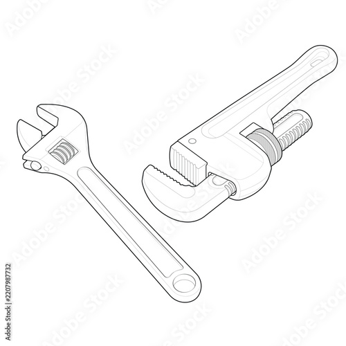 Pipe wrench and adjustable wrench shown as hand tools for plumbing, pipe fitting, construction, maintenance, mechanical repair, fastening, tightening, and loosening applications