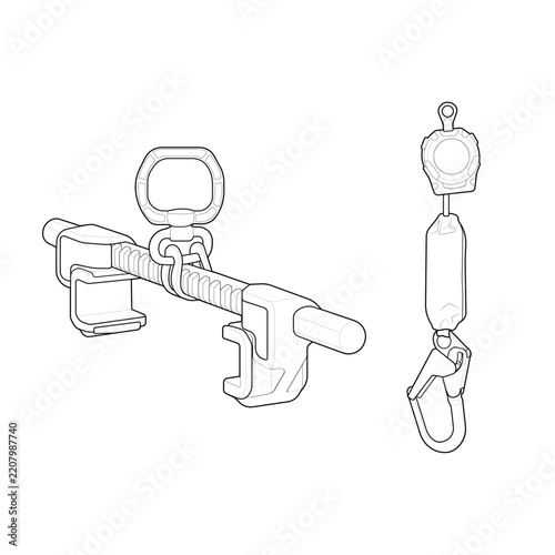 Horizontal lifeline and fall arrest lanyard isolated on white background, showing connection hardware for fall protection during construction, maintenance, roofing, elevated work, and site access uses