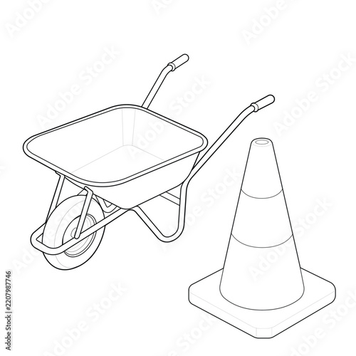 Wheelbarrow and traffic cone isolated on white background, representing construction work, landscaping, road maintenance, material handling, outdoor labor, workplace safety, and job site equipment use