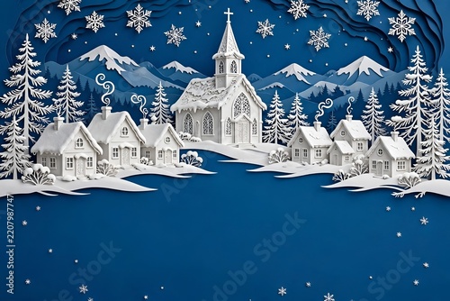 Paper-cut Christmas village with snowy houses, layered craft art