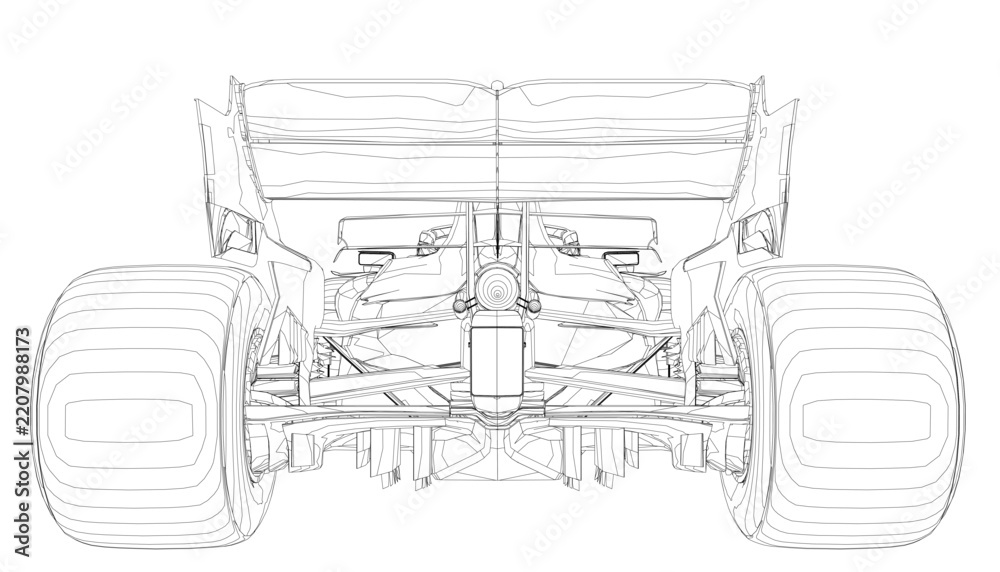 Obraz premium Detailed blueprint of a race car on a white background, back view