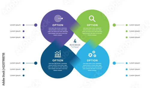 Four option circular diamond business infographic with overlapping segments icons and central text for modern presentation and corporate templates