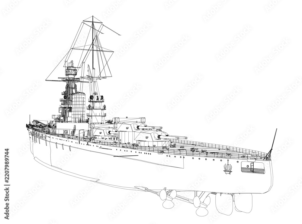 Obraz premium Black and white battleship drawing on white background featuring tall masts, stern, gun turrets, and detailed hull lines of the armed warship.