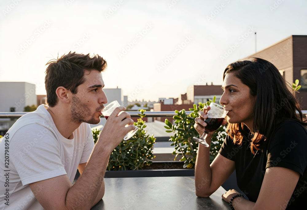 Fototapeta premium Social connection and dating, young couple drinking wine on a rooftop terrace at sunset for romantic evening and lifestyle leisure in urban setting