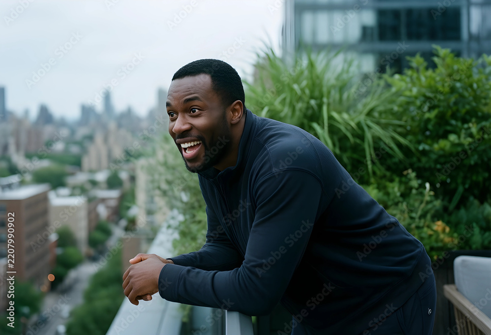Fototapeta premium Urban lifestyle and success, happy man looking at city view from balcony, professional achievement and work life balance in modern metropolitan area