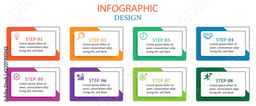 8 Steps Infographic Design Template Vector - Modern Business Process Diagram, Rounded Card Layout, Workflow Chart with Icons
