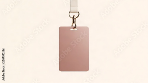 Blank Rose Gold ID Badge Mockup with Golden Metal Clip and Lanyard Isolated on Neutral Background, Professional Corporate Identification Card Template for Staff, Employee, and Event Access