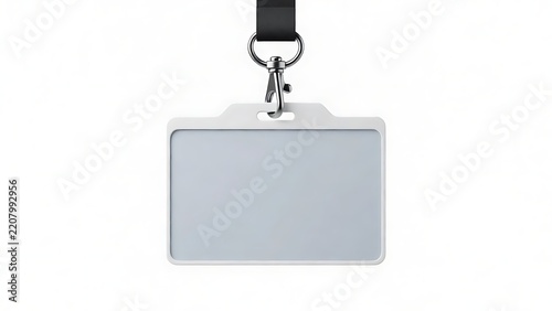 Blank white horizontal plastic ID card holder with black neck lanyard and metal lobster claw clasp, professional identification badge mockup for corporate staff or events, isolated on white.
