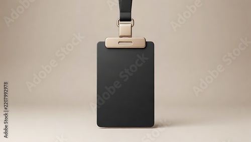 Professional black vertical ID card badge holder with elegant gold metal clip and lanyard, minimalist corporate identification mockup on neutral background for office staff or event access.