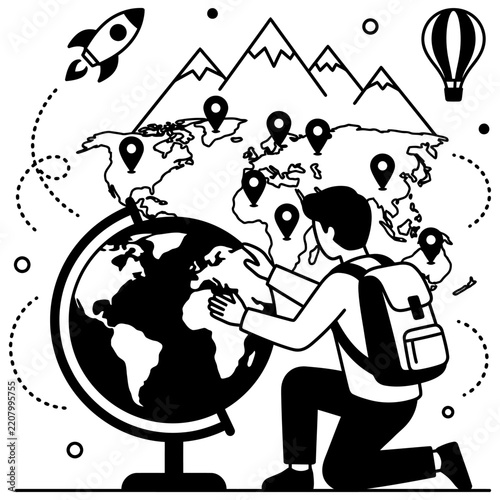 Student exploring world map in educational setting with copy space
