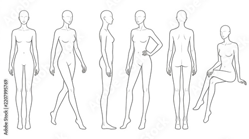 Female Fashion Figure Template Showing Various Body Poses and Perspectives