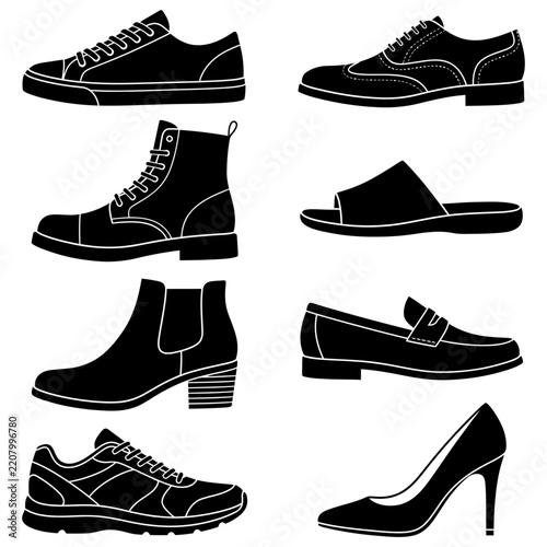 Collection of footwear illustrations for fashion design or marketing with copy space