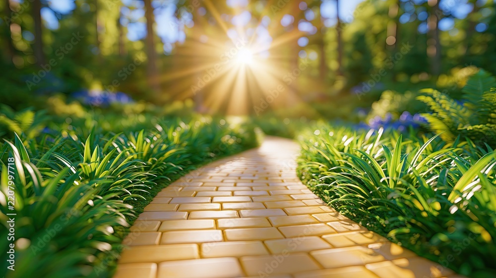 Obraz premium Golden Yellow Brick Road Leading Toward Bright Sunlight in Magic Forest