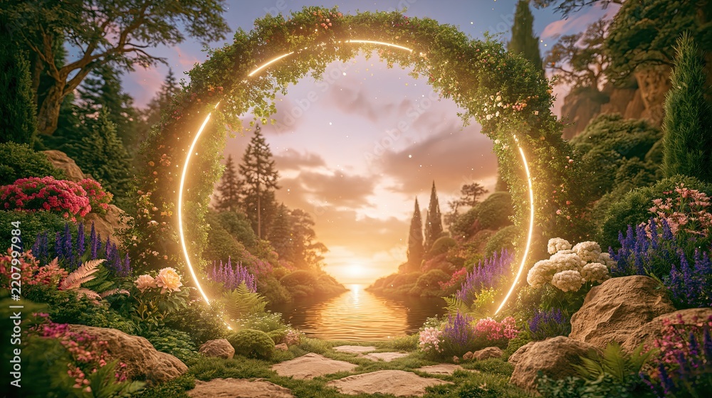 Obraz premium Magical Floral Portal Entrance to a Fantasy Garden at Sunset