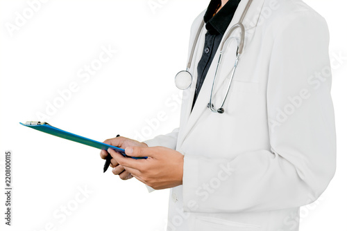 Close Up of Male Doctor Holding Clipboard Isolated on White Background