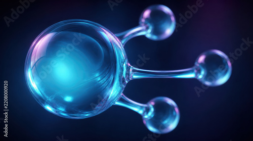 Luminous cyan glass molecule with transparent spheres and connecting bonds floating against dark background, creating futuristic scientific and technological mood