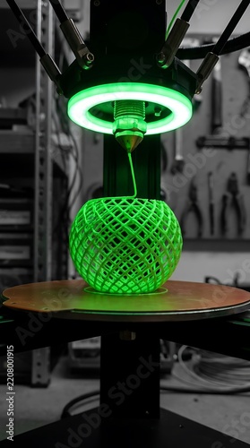 Three dimensional printer creating a green glowing geometric sphere in a workshop environment printing