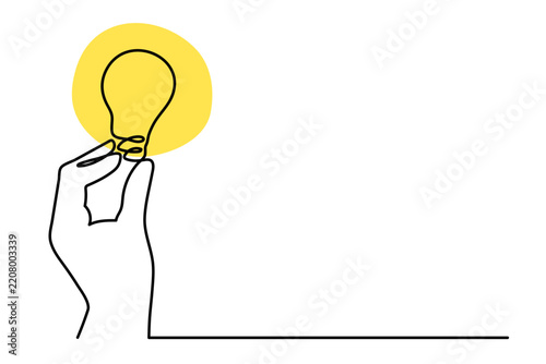 
Hand holds light bulb one line art, hand drawn asking continuous contour drawing lamb idea inspiration innovation symbol, startup solution,sign of scientific discovery. Editable stroke. Isolated.