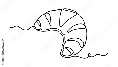 French croissant pastry one line art, continuous line drawing bakery food sweet breakfast cafe dessert symbol, baking abstract element. Editable stroke. Isolated vector illustration.
