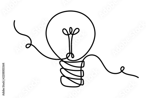 Glowing light bulb one line art, continuous line drawing lamb idea inspiration innovation symbol, startup solution abstract element. Editable stroke. Isolated vector illustration.