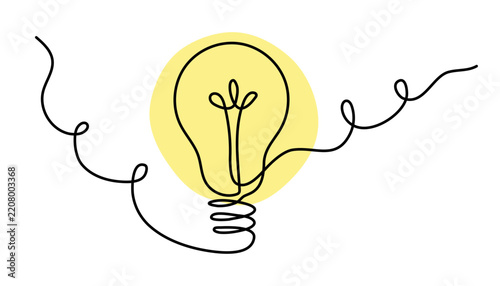 Glowing light bulb one line art, continuous line drawing lamb idea inspiration innovation symbol, startup solution abstract element. Editable stroke. Isolated vector illustration.