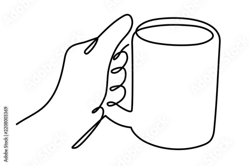 Human hand holding large tes cup mug coffee one line art, continuous line drawing hot drink breakfast symbol, cafe break cozy morning abstract element. Editable stroke. Isolated vector illustration.