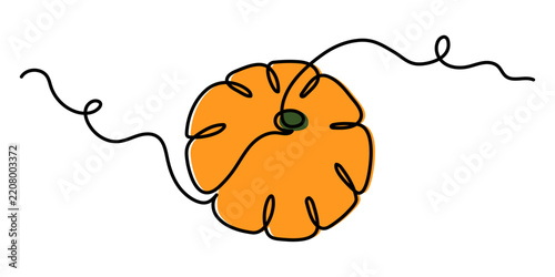 Pumpkin one line art, continuous contour drawing,hand-drawn gourd, vegetarian food, proper nutrition, healthy diet outline. Halloween or Thanksgiving design decoration. Editable stroke. Isolated. 