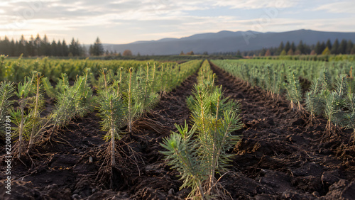 Young Pine Seedlings in Plantation Rows