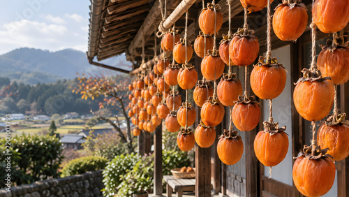 Persimmons Drying Under Farmhouse Eaves