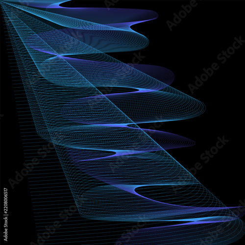 Abstract blue 3D wireframe mesh wave grid pattern on black background
