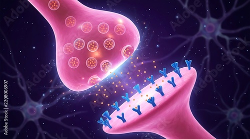 Digital of synapse and neuron communication in the brain with glowing chemical signals nervous system