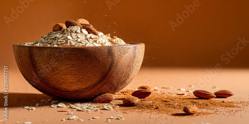 Side view of a wooden bowl filled with oats, surrounded by scattered almonds on a warm brown surface, suggesting a healthy breakfast or snack option.