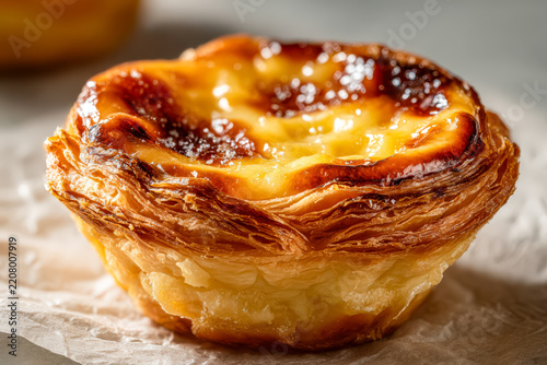 Close up image of a single pastel de nata, showcasing its flaky pastry layers and caramelized top, suggesting a focus on traditional Portuguese pastry.