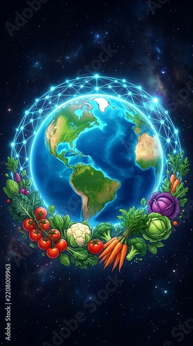 Glowing planet earth surrounded by a digital network sphere and fresh vegetables on a cosmic background
